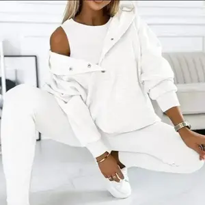 Women's sports casual hooded sweatshirt ribbed slim vest pants three-piece set Clothing Suit