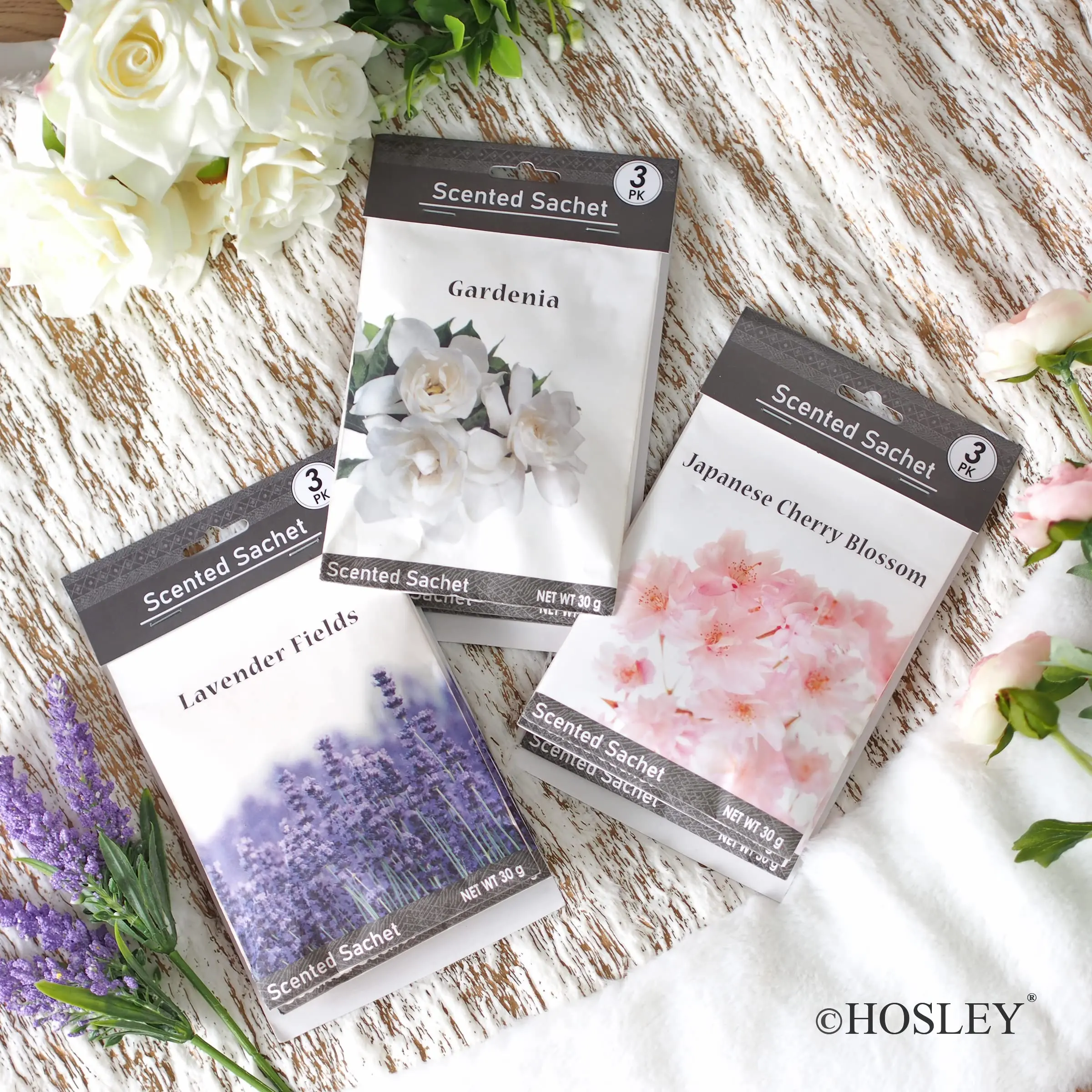 Scented Sachets Set of 12 - 4 Packs (3 Sachets Each) - Gardenia, Lavender Fields, and Japanese Cherry Blossom - Flame-Free Freshness, 1 oz