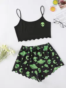 Halloween Pumpkin Print Halter Top & Shorts Set, Women, Bowknot Decor, Casual Summer, Floral Pattern, Fitted Style, Moderate Fabric
