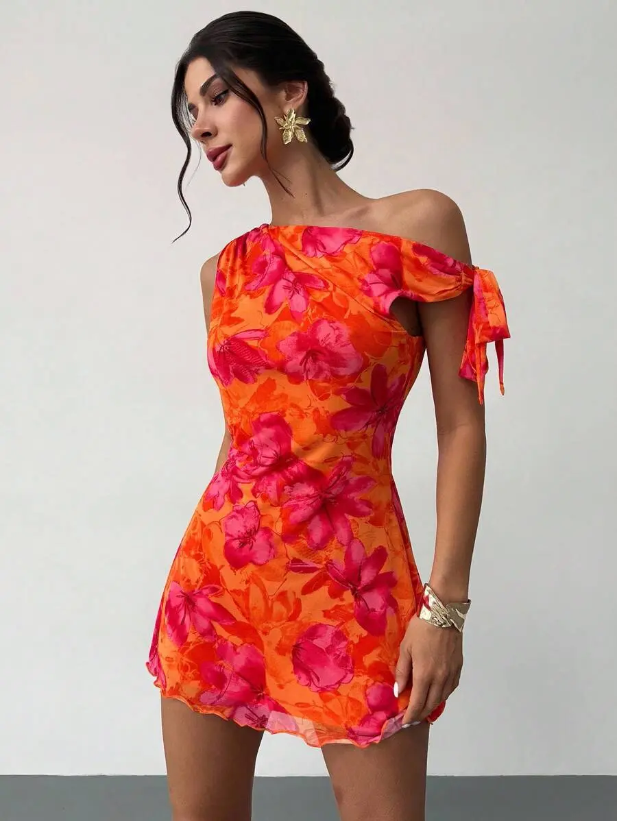 Women's Burnt Orange Floral Mesh Mini Dress, Summer, Girly Sexy, Holiday, Vacation Asymmetric One Shoulder Elegant Beach Night Out Date Night Outfit