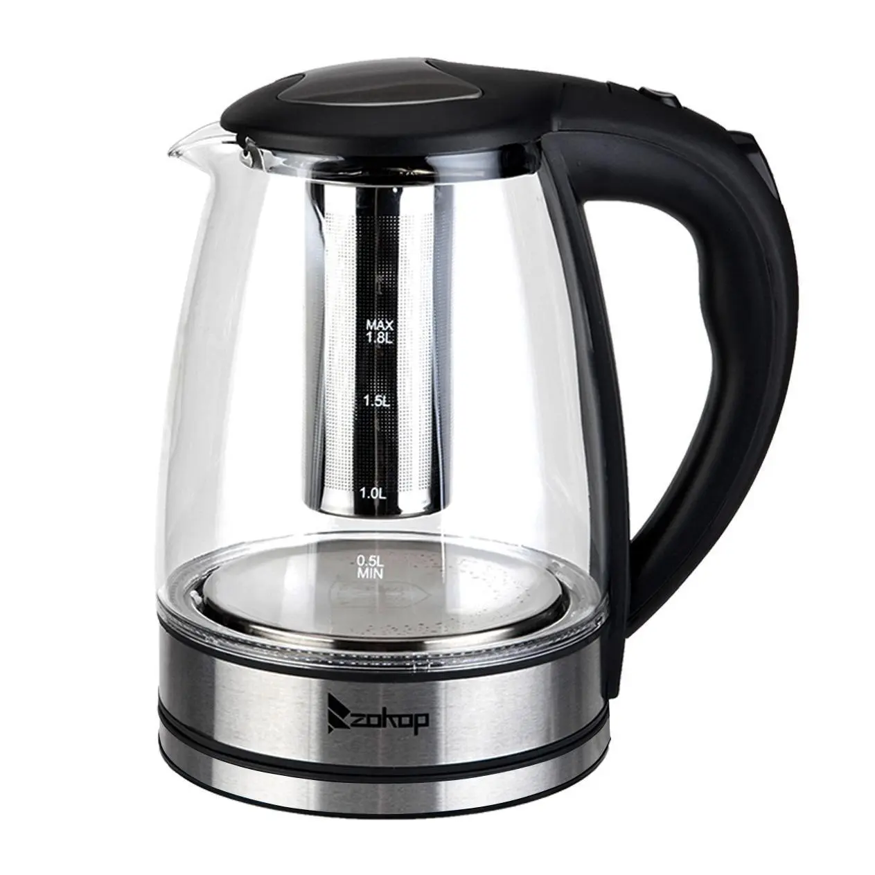 【Summervibes】ZOKOP 1200W/1.8L Electric Glass Kettle US Plug, LED Light, Auto 5 Minutes Shut-off, Boil Dry, Overheat Protection, BPA-Free, for Coffee, Tea, Soup, and More