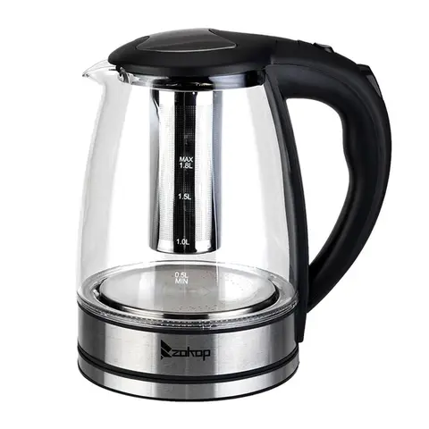 ZOKOP HD-1861-A 1200W 1.8L Electric Glass Kettle (120V, 50-60Hz, US Plug) - LED Lights, 5-Min Auto Shut-Off, Boil Dry Safe, Overheat Protection, BPA-Free, Large Pouring Spout with Mesh Filter, Lid Release Button for Coffee, Tea, Soup