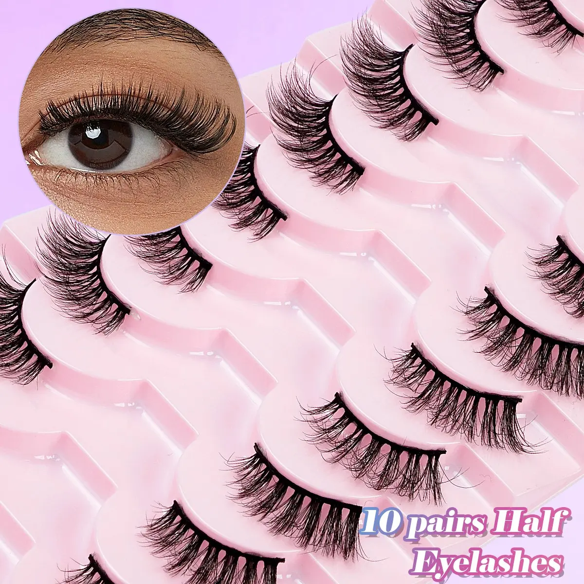 MAGEFY 10 Pairs Half Lashes False Eyelashes - D Curl 3D Faux Mink Half Eyelashes, Naturally Curly Wispy Cat Eye Design, Soft Thick Band, Lightweight & Reusable, Handmade Layered Lashes, Perfect for Effortless Eye Enhancement