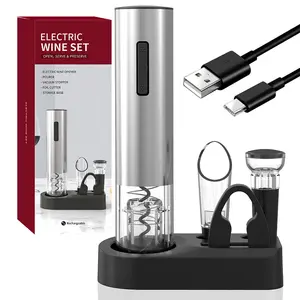 Reusable Stainless Steel Electric Wine Opener Set, Type-C Rechargeable Corkscrew with Foil Cutter, Aerator Pourer & Vacuum Stopper, Complete Wine Accessory Kit for Home Bar & Gifting
