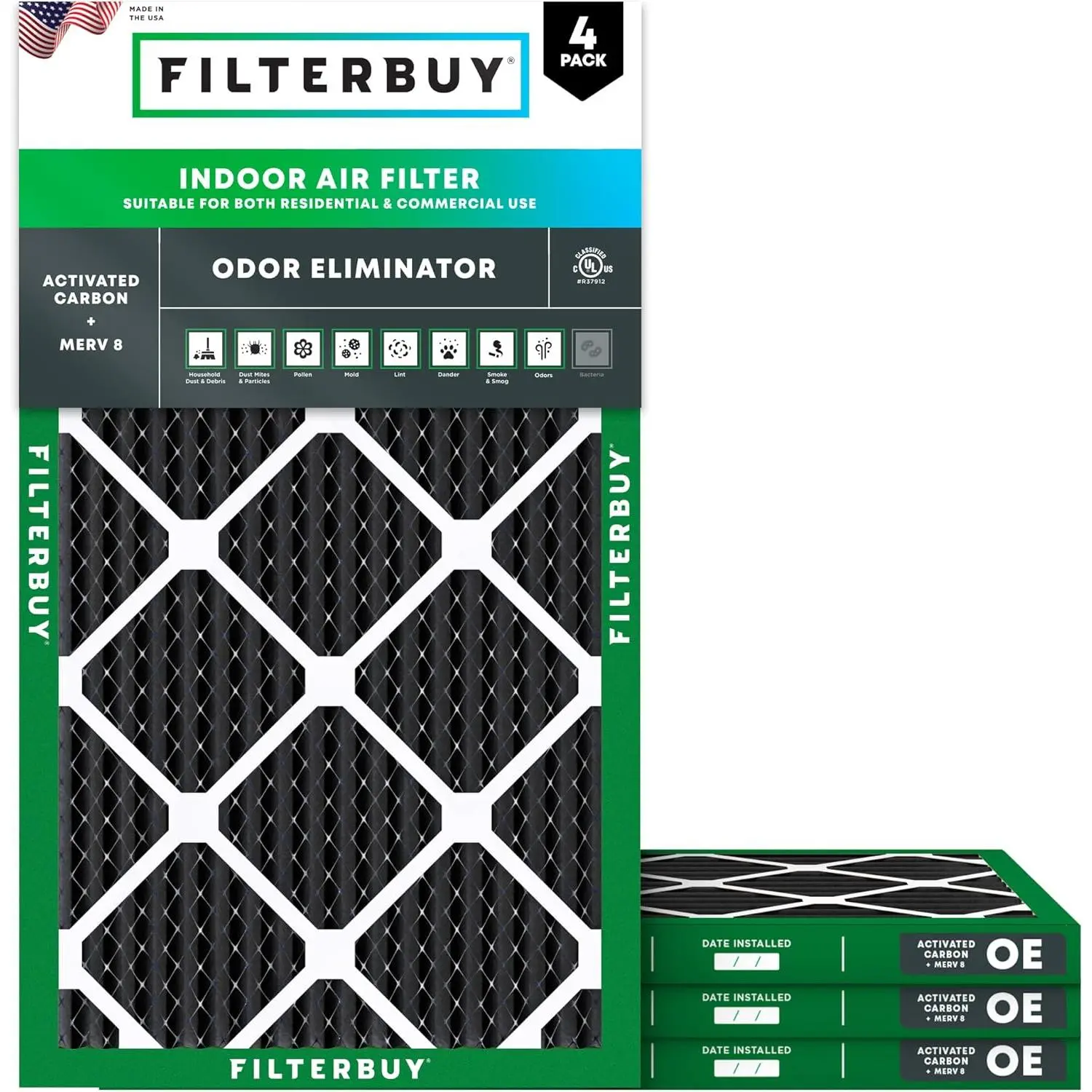 Filterbuy 14x25x1 Air Filter (4-Pack), Pleated MERV 8 Odor Eliminator HVAC AC Furnace Air Filters (Actual Size: 13.50 x 24.50 x 0.75 Inches)