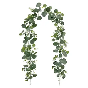 （5 pack）5.9FT Artificial Eucalyptus Garland with White Flowers, Faux Greenery Vines for Wedding Arch, Bridal Shower, Boho Party & Home Decor