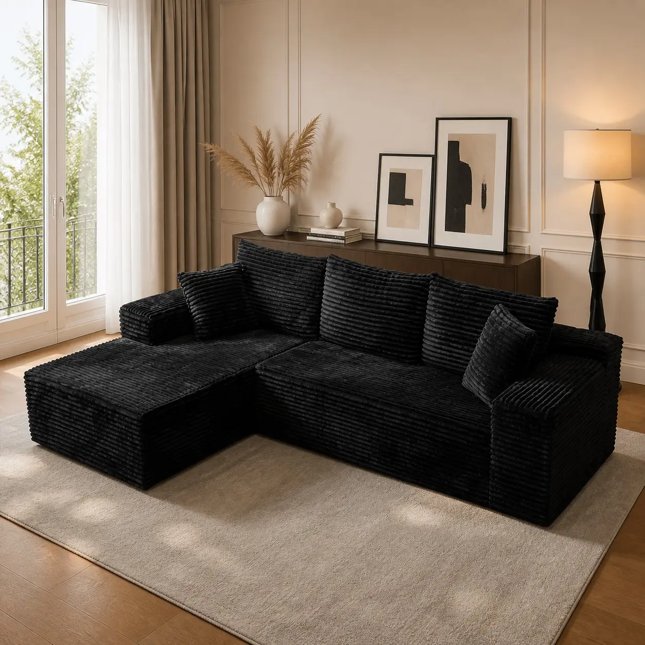 96" Modular Sectional Sofa Couches L-Shape Couch 3 Seat Modular Sofa Corduroy Memory Foam Sectional Boneless Couches for Living Room, Cloud Couch with Oversized Chaise(Black, Left Facing)