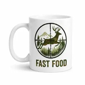 Funny Deer Hunting Coffee Mug, “Fast Food” Deer in Rifle Scope Graphic with Forest and Mountain Design, Humorous Gift for Hunter, Dad, Outdoorsman for Father’s Day or Hunting Season