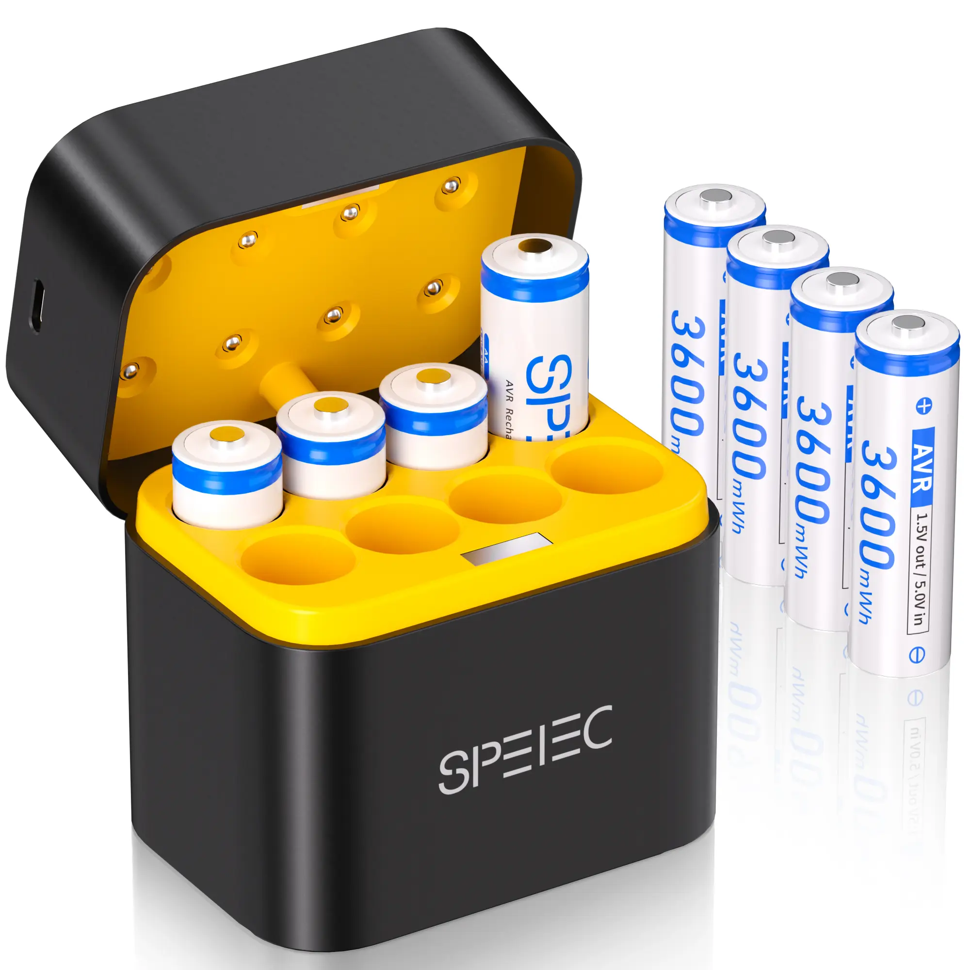 SPELEC 3600 mWh fast charger compatible with lithium AA rechargeable batteries; 8-pack, 1.5 V constant output, high capacity, long-lasting performance AA batteries