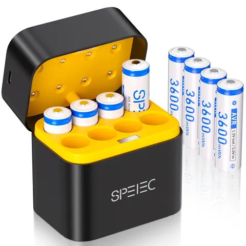 SPELEC 3600 mWh fast charger compatible with lithium AA rechargeable batteries; 8-pack, 1.5 V constant output, high capacity, long-lasting performance AA batteries