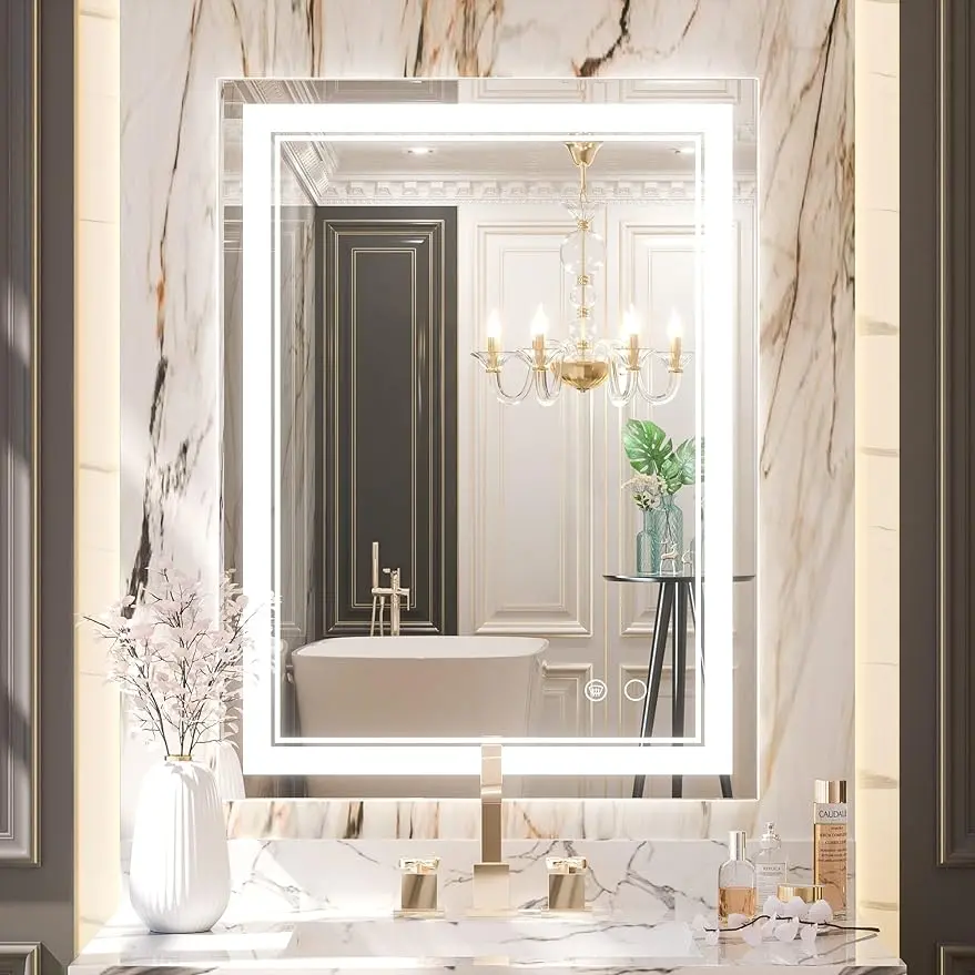 Keonjinn LED Bathroom Mirror, 32 x 24 Inch Front Lighted Bathroom Vanity Mirror with Lights, Wall Mounted Anti-Fog Dimmable Lighting Makeup Mirror with Memory, 6000K, IP54 (Horizontal/Vertical)-B08RSD5DVY