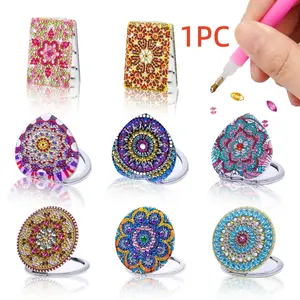 1-piece diamond painting kit, small mirror, mandala flower pattern, PU leather material, round heart-shaped rectangular series makeup mirror, suitable for carrying out and daily makeup use