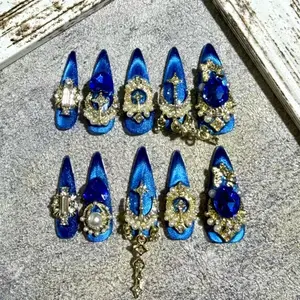 Azure Blue Stiletto Shape Cat Eye Acrylic Luxury Handmade Press On Nails