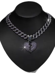 Fashion New Jewelry Heart Full Diamond Pendant Cuban Chain Cross Border Hip Hop Broken Heart Necklace Heart Design Necklace