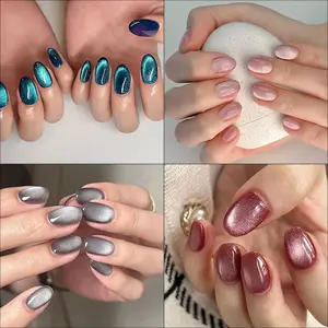 96 Pcs Cat Eye Gradient Press-On Nails, Full Coverage Fake Nails with Gel Sterling Silver Manicure Set Removable Cutics