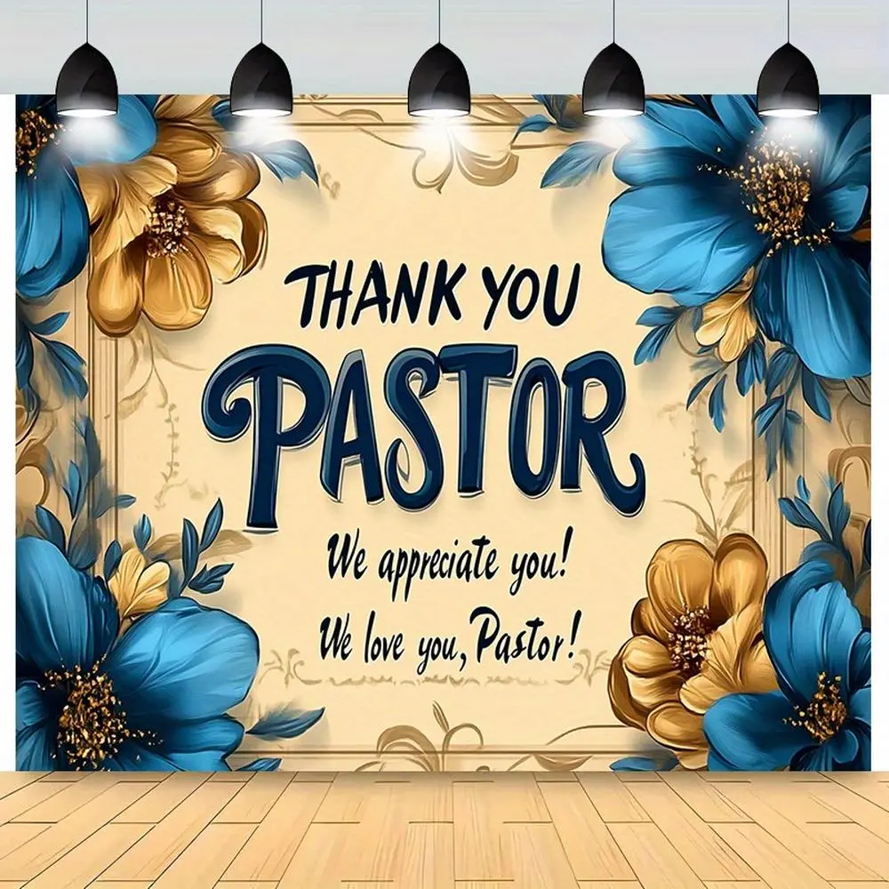 Pastor Appreciation Printed Floral Banner - Durable Polyester, Blue-Golden Accent Ornaments, Indoor-Outdoor Events Backdrop, Festive Gift for Happy Birthday, Anniversary, Christmas Ceremonies