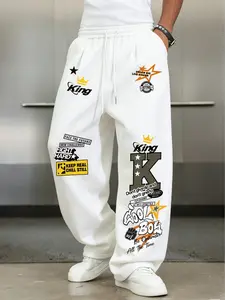 Men's Street Style Graffiti Crown K Letter Print Drawstring Wide Leg Pants, Trendy Hip Hop Casual Long Trousers, All Seasons Loose-Fitting, Streetwear
