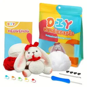 DIY Beginner Crochet Starter Kit With 3 Balls Of Yarn, 1 Crochet Hook, 5 Knit Stitch Markers, 1 Yarn Needle, 4 Plastic Eyes, Stuffing, Instructions, Animal Figure Rabbit