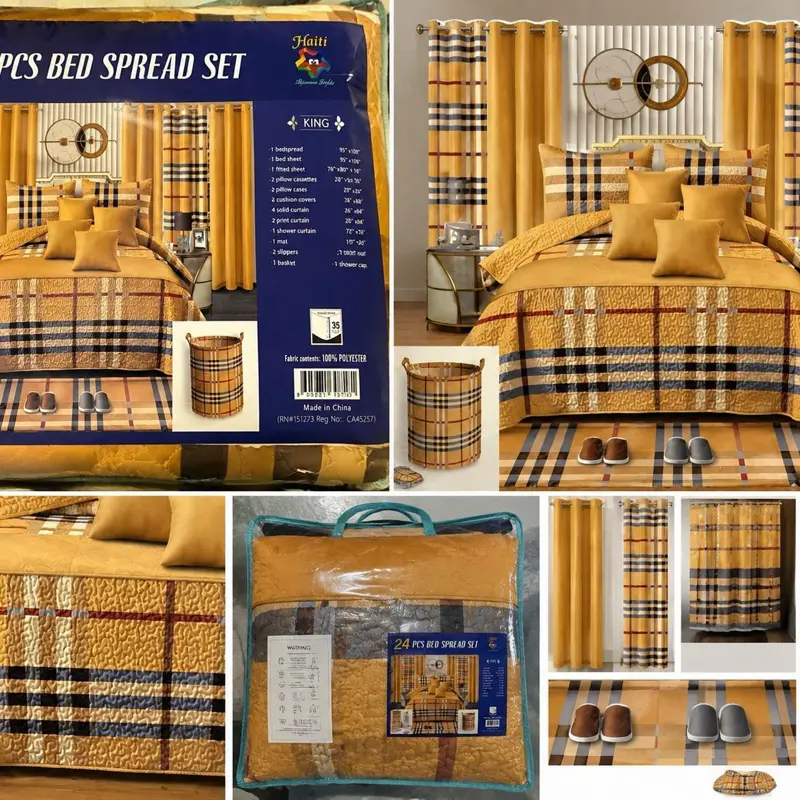 King Bedspread Set - 24 PCS Gold & Plaid Complete Bedroom Bedding Set