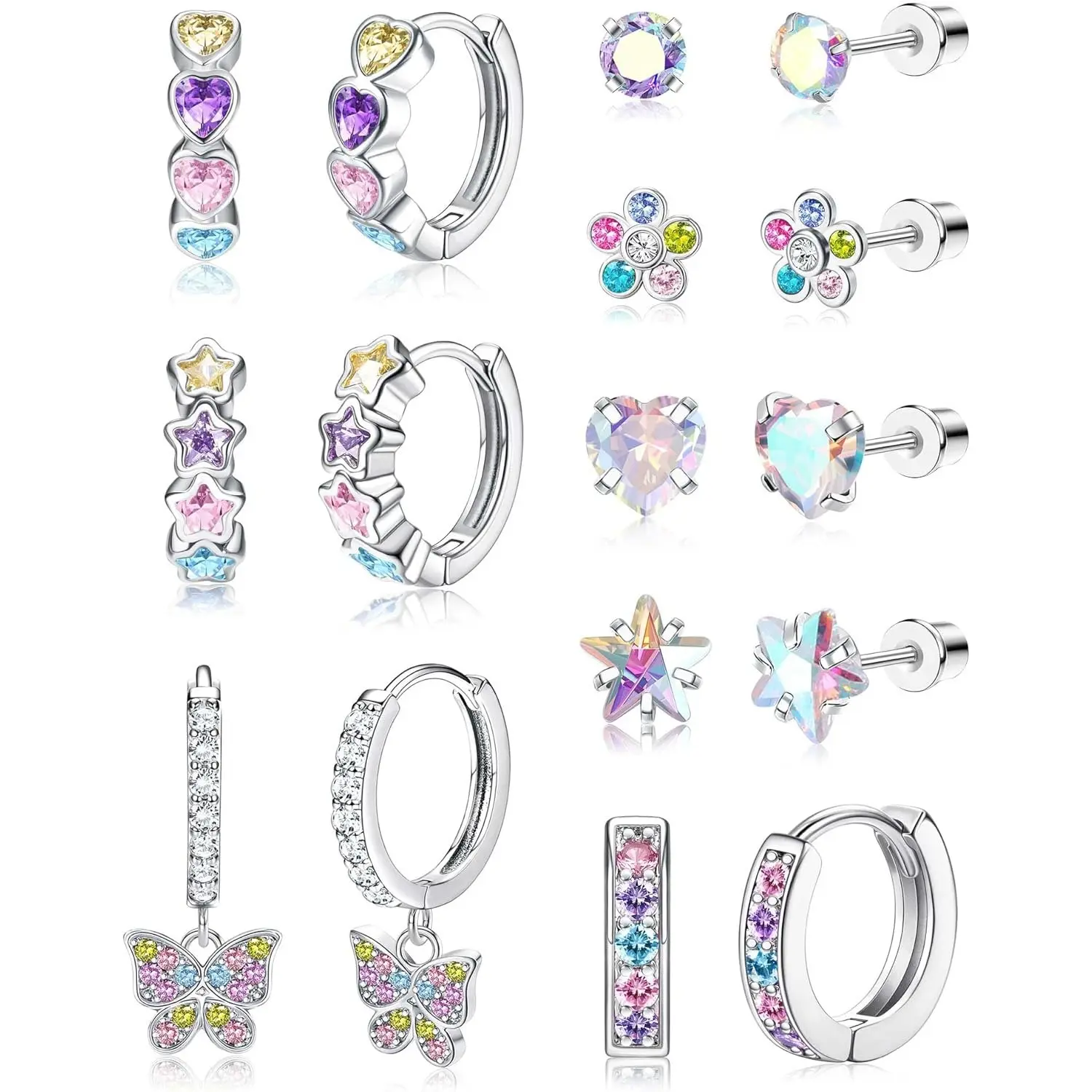 8 Pairs Hypoallergenic Earrings Set for Girls, Surgical Steel Huggie Hoops & Butterfly Heart Studs, Screw Back Flat Back Earrings for Sensitive Ears, Not Easy To Fall Off, Perfect For Long Time Wearing, Surgical Steel Earrings