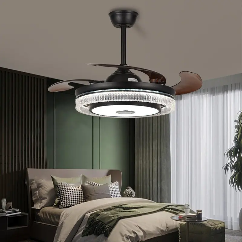 42-Inch Black Bluetooth 7-Color Light-Changing Crystal Ceiling Fan with Lamp, Retractable ABS Blades, APP & Remote Control 6-Speed Reversible Silent DC Fan with Speaker, AC Power Supply, 110V Modern Home Decor Cooling Solution for Bedroom, Living Room