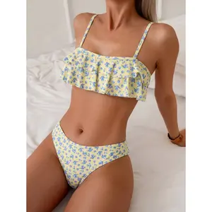 Floral Bikini Swimsuit, Highlighted Ruffle Design, Thin Straps Comfortable Fit, Perfect for Beach Vacation