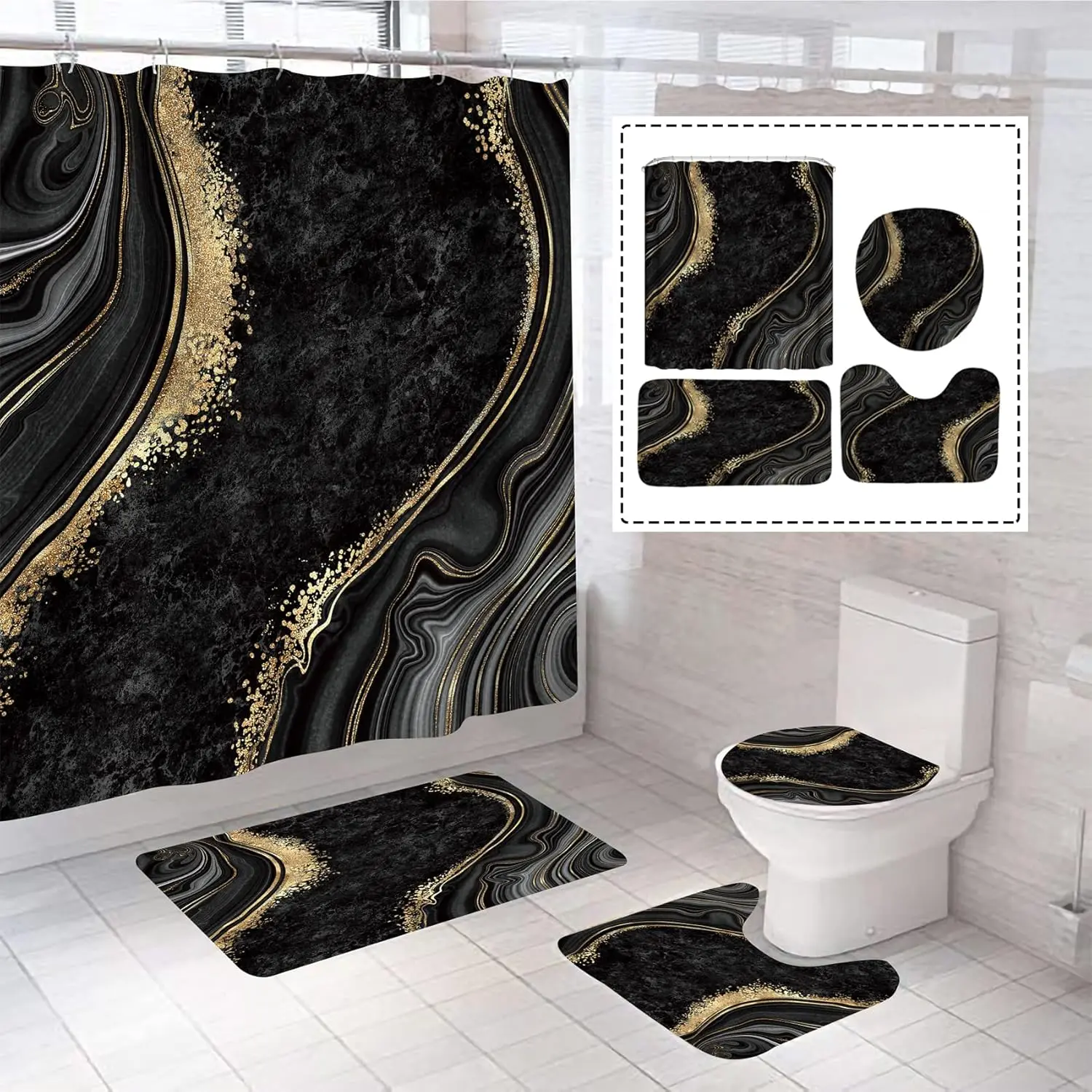 Luxury Waterproof Marble Shower Curtain Set (4Pcs) - Bathroom Decor Kit with 12 Hooks, Toilet Lid Rug, Bath Mat, Contour Mat