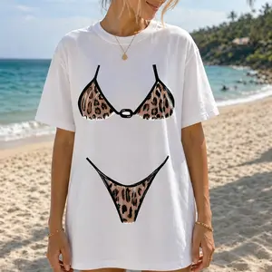 Hand-drawn leopard-print bikini Sexy Girl Style Unisex Plus Size Summer Graphic Tees Personalized Pattern Y2k Clothing Round Neck Short-Sleeved Cotton T-Shirt, Women's Clothing 100% Cotton, Menswear, Top, Vintage Style, Casual Oversized