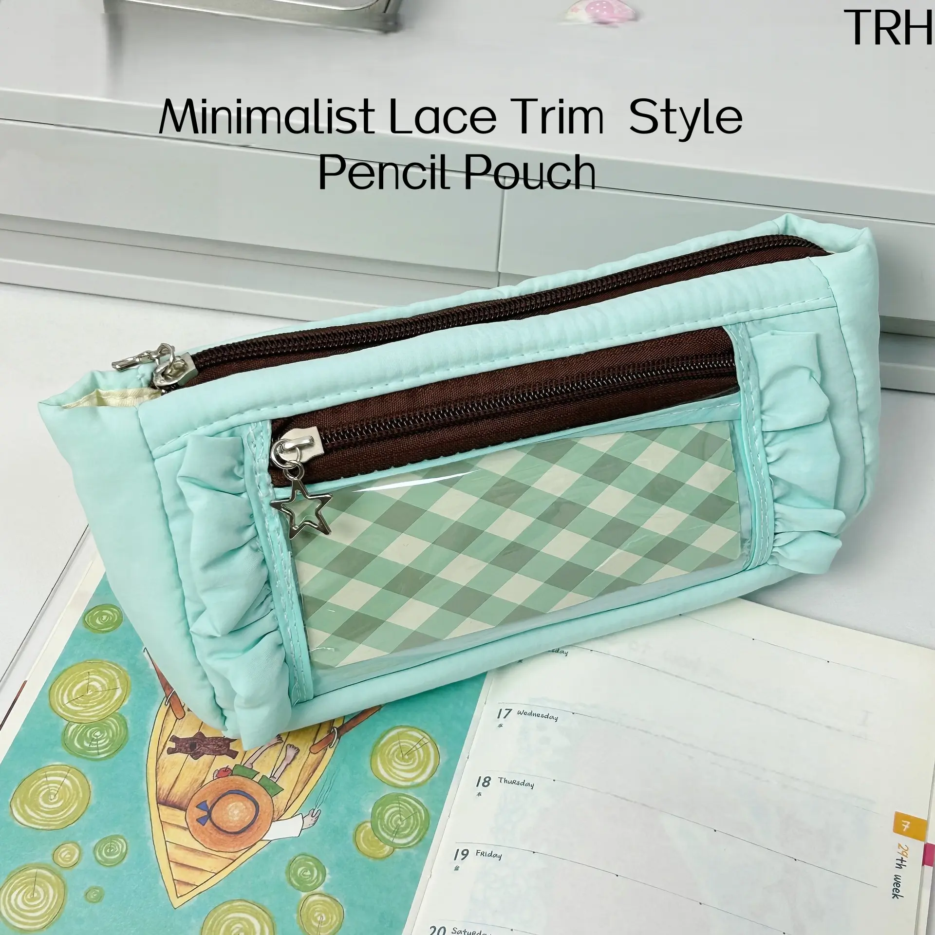 Aesthetic Ruffle Trim Pencil Case For Teen Girls, Ins Cute Multi Compartment Pen Pouch, Large Capacity Clear Window Stationery Bag, Pastel Back To School Student Storage Organizer, Double Zipper Makeup Cosmetic Bag