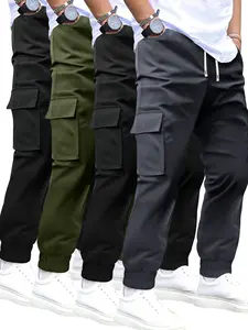 Men's Workwear Jogger Pants, 4-piece 4-Pack, Autumn & Winter, Multi-Pocket, Solid Color, Lightweight Stretch Waist, Drawstring Closure, Comfortable & Fashionable Casual Running Athletic Trousers men