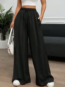Satin Drape Wide Leg Pants High Waist Drawstring Adjustable Loose Fit Slimming Floor-Length Pants Comfortable Luxury Commute Casual Versatile Long Pants Women