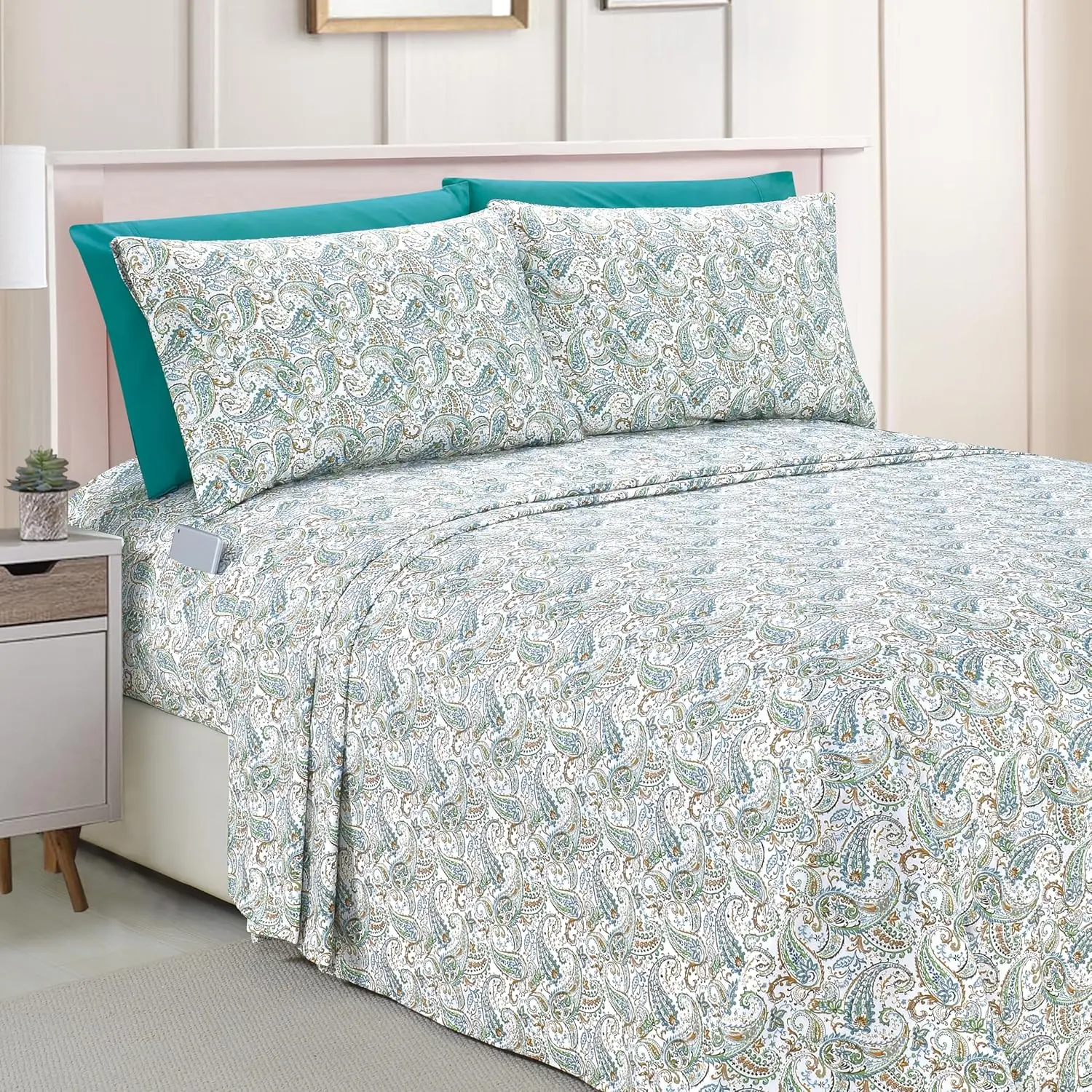 Amelia Paisley Printed Sheet Set, Deep 1500 Hotel Quality, Fade and Wrinkle Resistant, Fitted Sheets with Pockets, Paisley Sheet Set, Queen, Teal