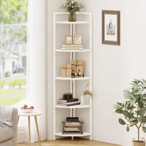 Tall Corner Shelf, 5 Tier Modern Corner Bookshelf Stand, Wood and Metal Corner Plant Bookcase for Living Room, Home Office (White Oak)