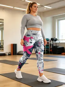 （Plus Size ）Women's Plus Size Digital Print Tight Pants, High Waist Workout Tights, Comfortable Summer Slim Fit Pants, Ideal for Exercise and Daily Wear