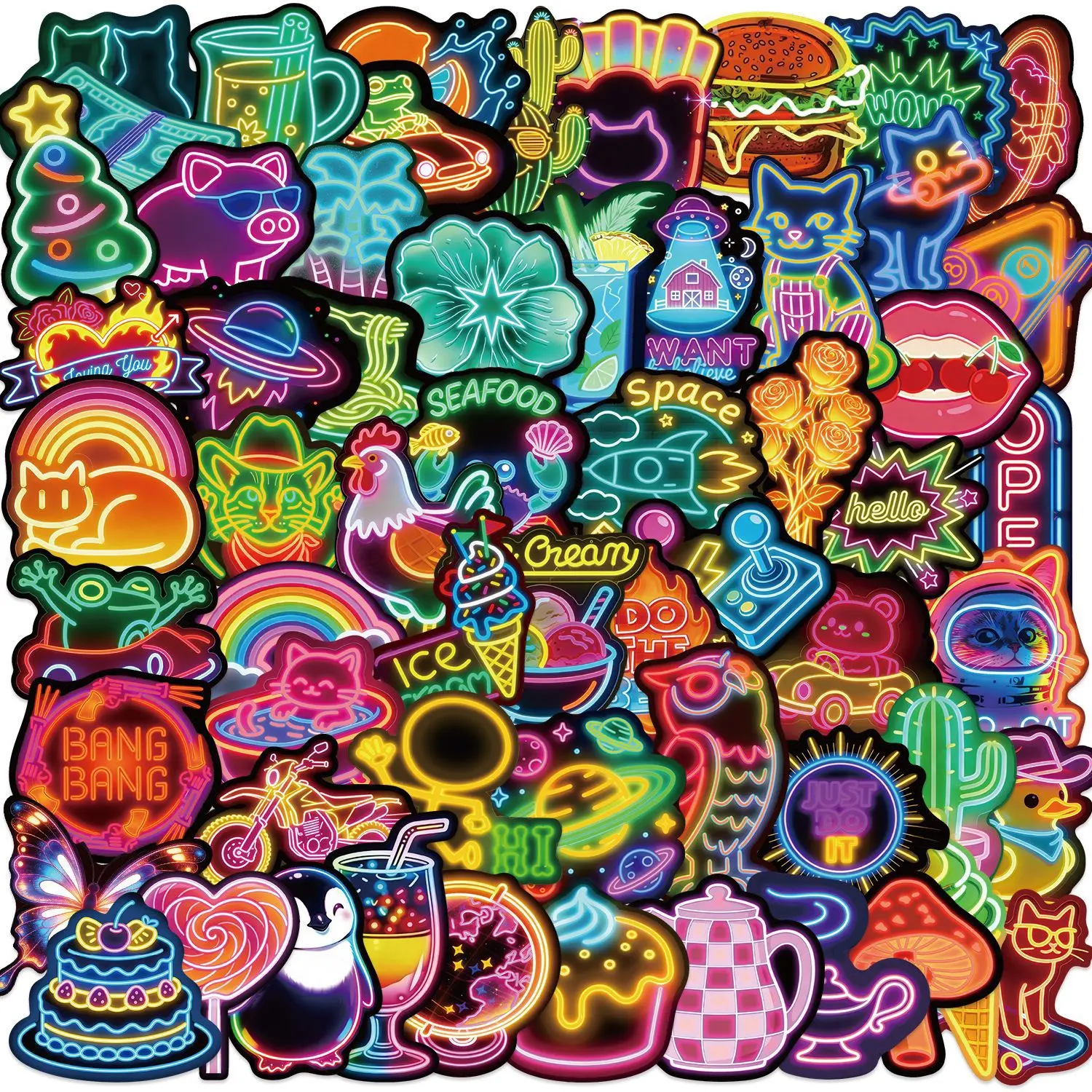 60pcs Cartoon Neon Graffiti Stickers, Decals, Office Stickers, Notebook Stickers, High-Value Positive Energy Gifts for Decorating Journals, Scrapbooks, Computers, Water Bottles, Cars, Etc.