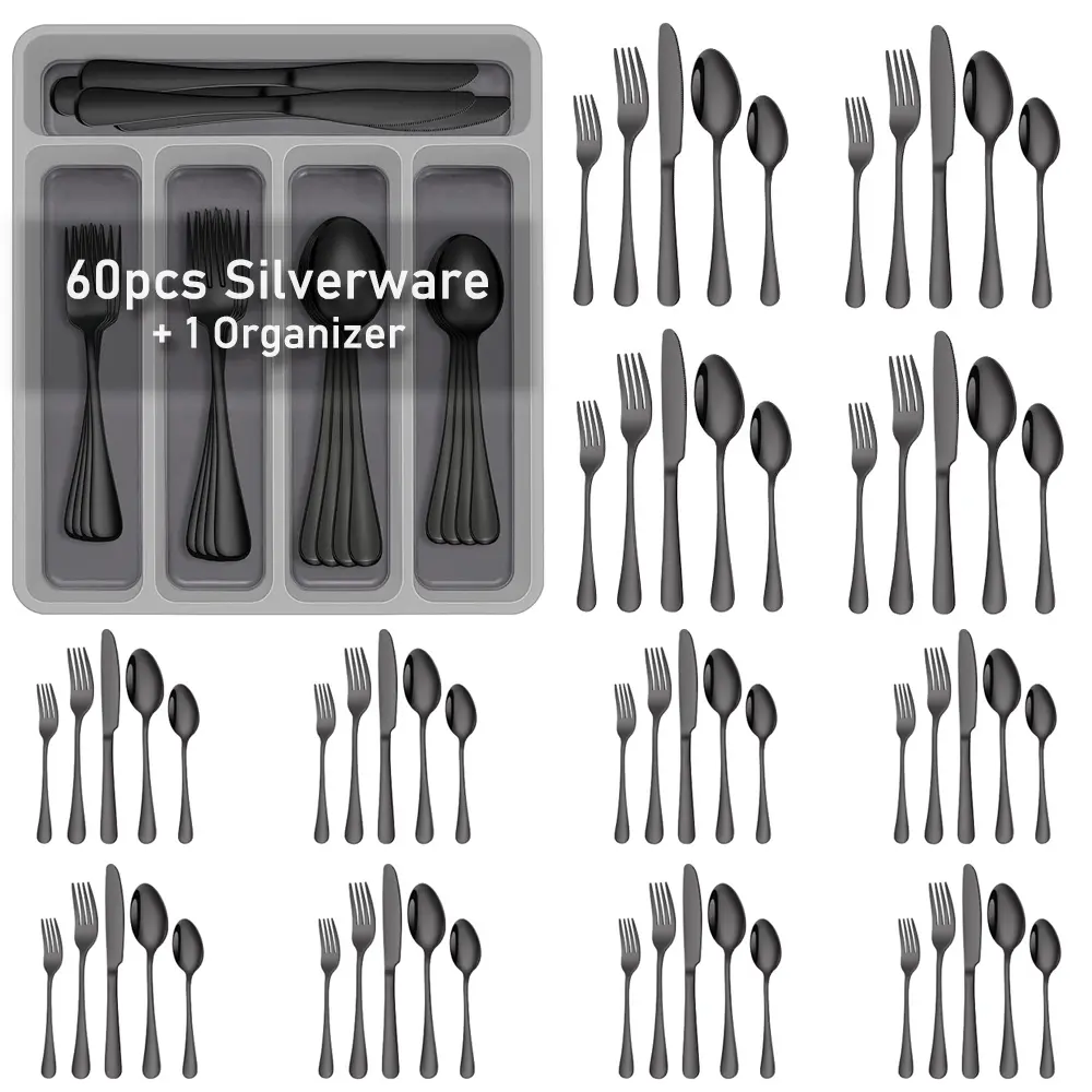 60-Piece Sturdy Black Stainless Steel Square Flatware Set - 12-Person Adult & Child Cutlery (Forks, Spoons) with Plastic Organizer Tray, Mirror-Finished, Dishwasher-Safe, Rust-Resistant Everyday Daily Tableware for Home, Cafes, Hotels, Dinnerware Sets