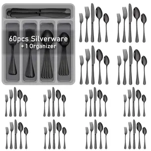 60-Piece Black Silverware Set with Organizer Tray, Stainless Steel Square Flatware Cutlery Set for 12, Black Eating Utensils for Home Restaurant, Dishwasher Safe, Mirror Finished