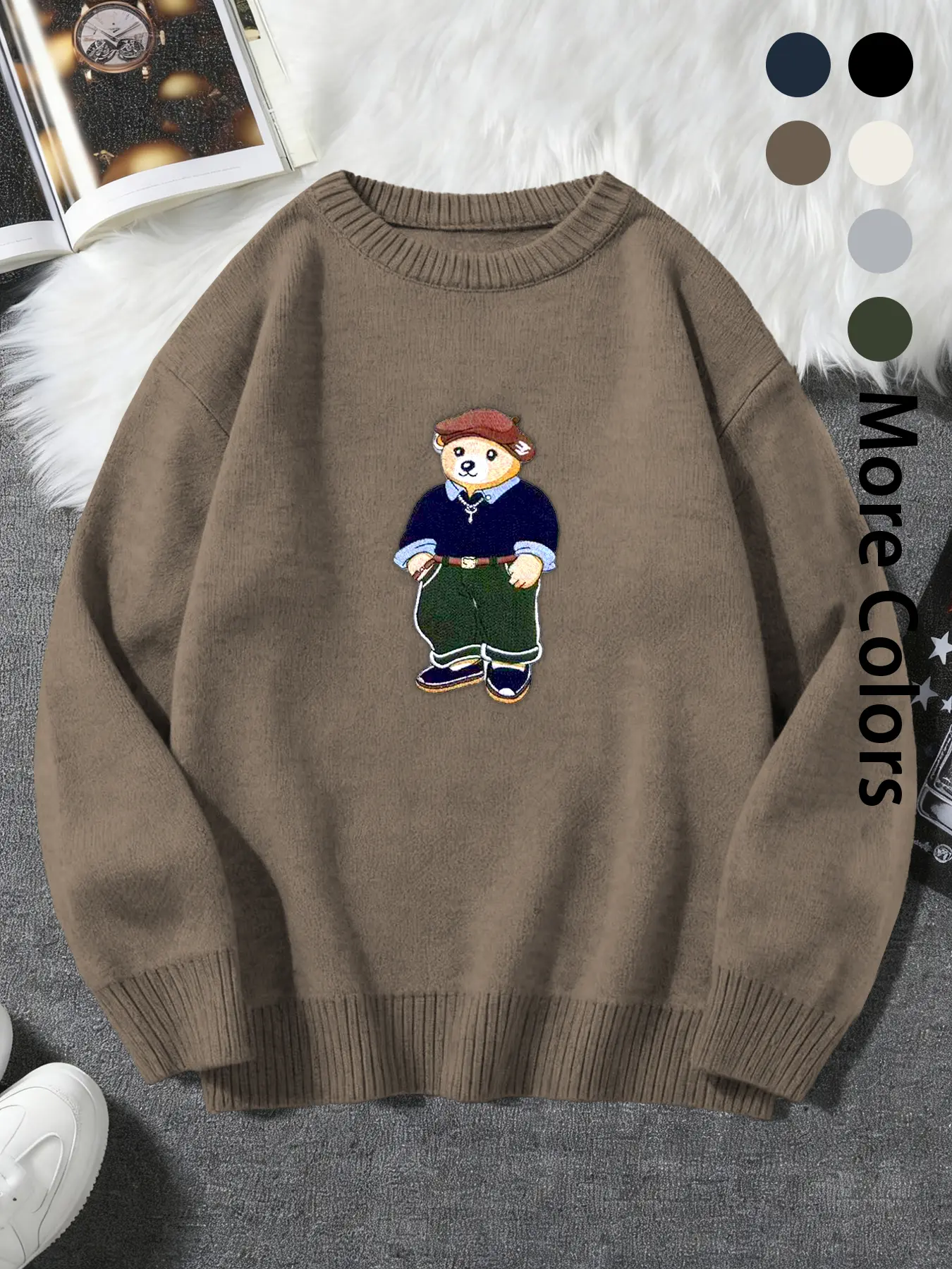 Women's Vintage Bear Graphic Knit Sweater. Cozy Oversized Crewneck Pullover Top. Trendy Fall Winter Slouchy Knitwear Outerwear. Cute Preppy Style Layering Clothes for Casual Loungewear and Daily Outfits.