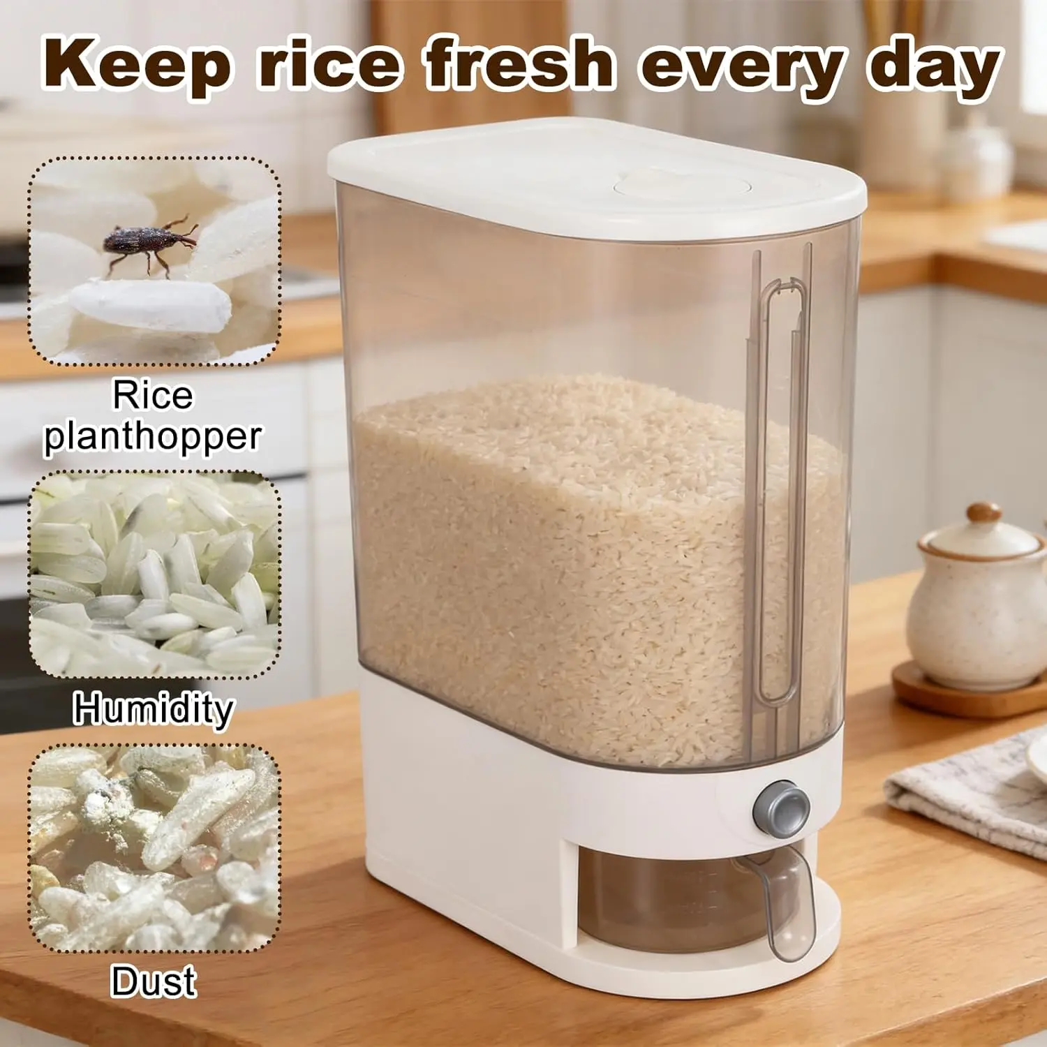Clear Rice Dispenser, Large Cereal Dispenser with Lid | Time Scale, Measuring Cylinder Moisture Proof Airtight Food Dispenser Bucket for Rice, Corn,Coffee Bean,Grain,Soybean Oatmeal