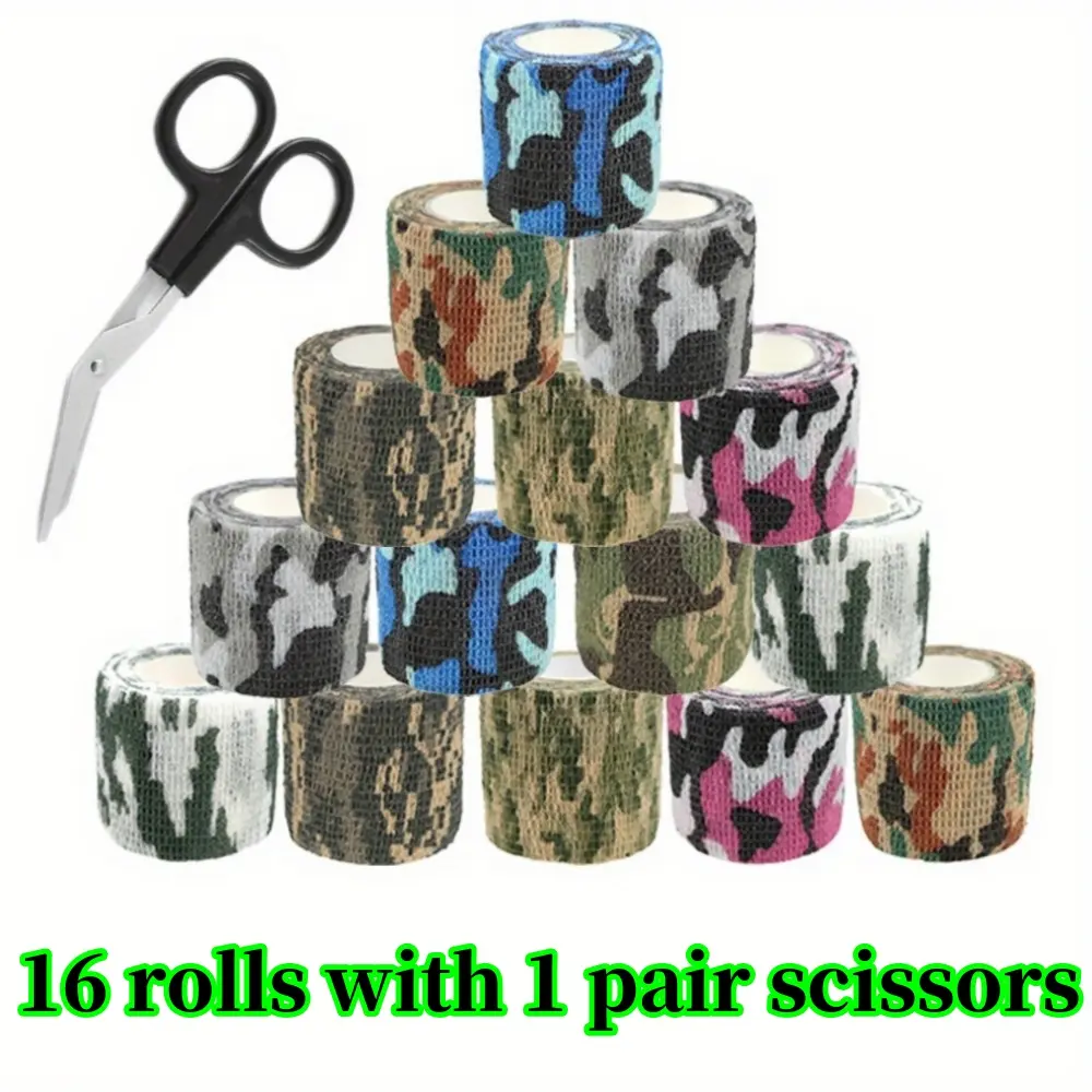16 Rolls Camo Cohesive Bandage Wrap, 2" x 5 yds Breathable Self-Adhesive Tape, Water Resistant Medical Supplies for Athletes & Active Children, Includes Scissors, Adjustable Bandage, Individually Wrapped, Sterile Wraps