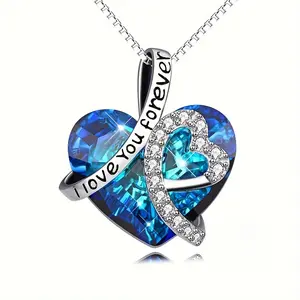 Elegant  'I Love You Forever' Heart-Shaped Pendant Necklace with Blue Crystal & Sparkling Accents - Perfect Anniversary, Birthday Gift for Women, Jewelry