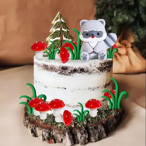 LaVenty Raccoon Cake Topper Forest Animal Mushroom Birthday Decoration woodland Birthday Cake Decoration Wild Animal Figures for Party Diorama Supplies