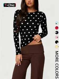 Women's Polka Dot Print Long Sleeve Slim Fit Short Top, Vintage Bodycon, Perfect for Dates and Shopping, Stylish Casual Wear