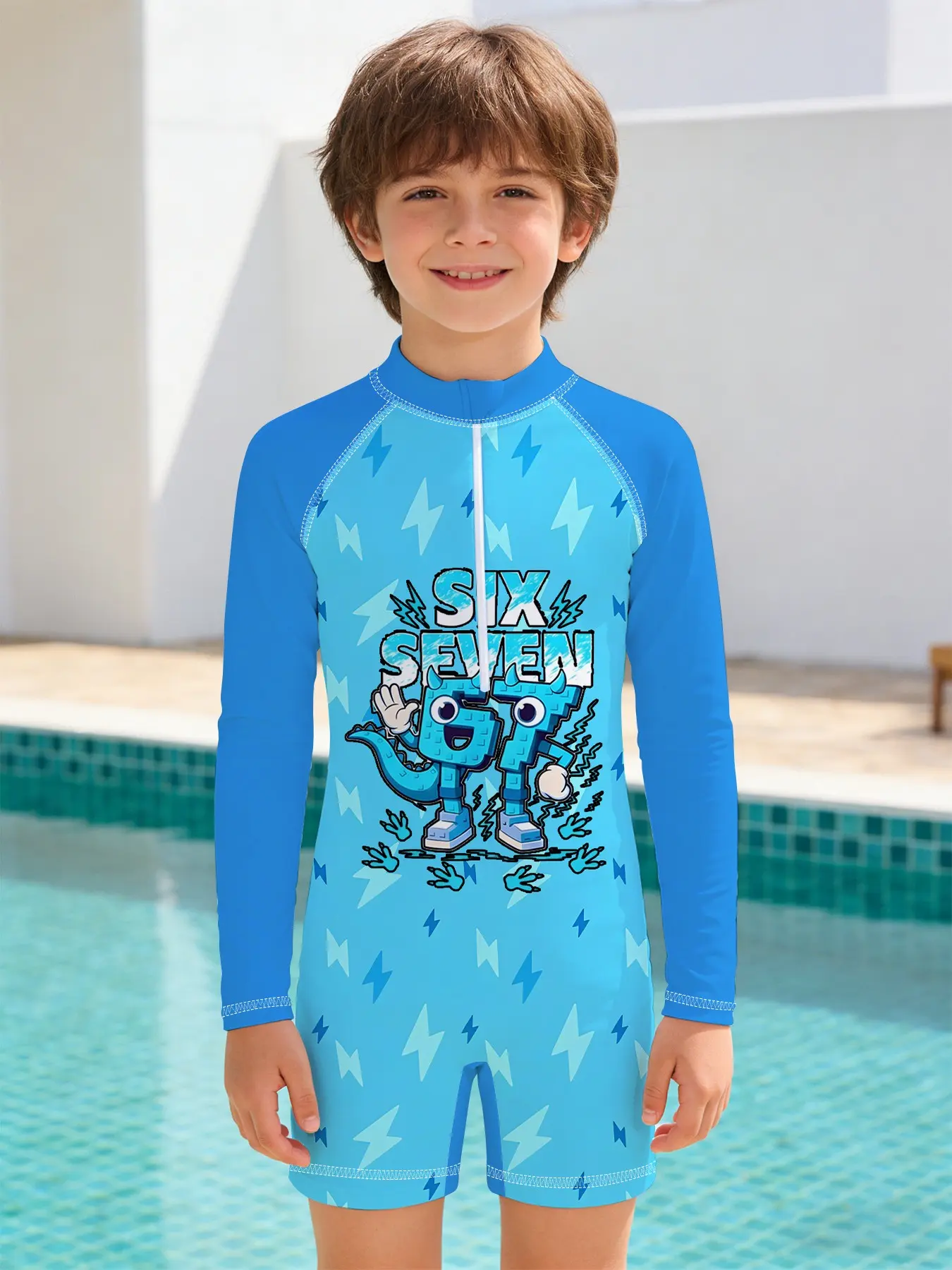Boys' One-Piece Swimsuit, Childrens Swimwear, Number 67 Cartoon Monster Style Long-Sleeved Sun Protection One-Piece, High-Elasticity, Quick-Drying, Sweat-Free, Suitable for Pool Training / Beach Play / Summer Outings