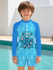 Boys' One-Piece Swimsuit "Number 67 Cartoon Monster Style" Long-Sleeved Sun Protection One-Piece Swim Wear, High-Elasticity, Quick-Drying, and Sweat-Free, Suitable for Pool Training / Playing in the Water at the Beach / Summer Outings with Diverse Styles