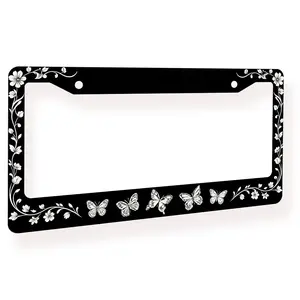 Boho Butterfly Floral Aluminum License Plate Frame, Black White Vintage License Plate Cover, Universal US Standard Girly Car Accessory (Body, Frame & Bumpers Auto Replacement Part)