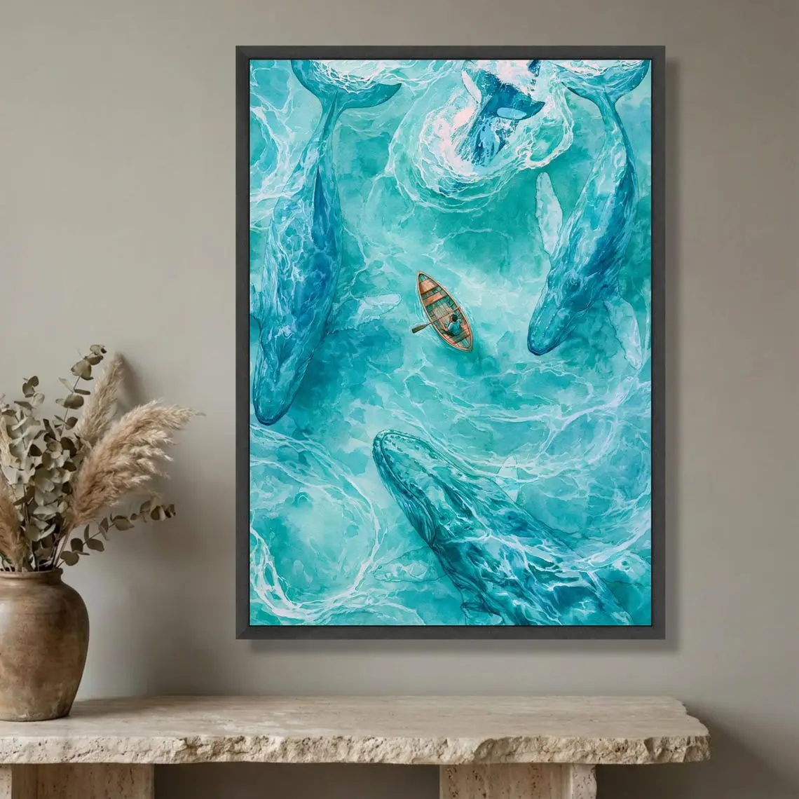 Aerial Whale Ocean Wall Art Print, Turquoise Sea and Small Boat Coastal Poster, Perfect for Living Room or Beach House Decor, Birthday Gift for Ocean Lovers