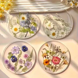 Clear Acrylic Floral Coaster Set – Dried Flower Resin Round Coasters for Drinks, Boho Home Decor & Table Protection