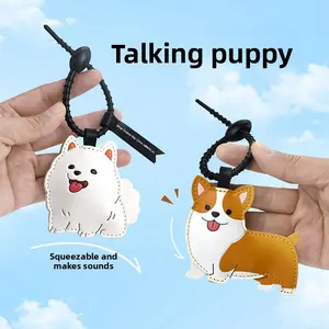 Cute and Novelty BIBI Puppy Pendant Squeaky Leather Keychain Car Hanging Ornament High-Quality PU Leather Interactive Sound Generator 2.4 Inches Perfect for Keys Backpacks or Car Decor