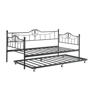 Daybed with Trundle  Twin Size Day Bed with 6 Wheels  Art Sweet Heart Design  Heavy Duty Metal Slats  Guest Pull Out Sofa Bed for Bedroom Living Room  Black